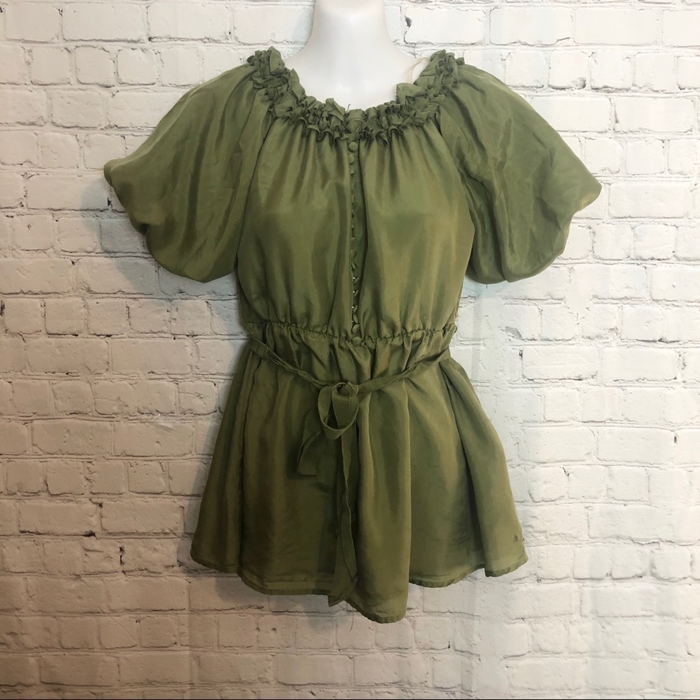 Silk Green Ruffle Puff Sleeve Blouse Size Small